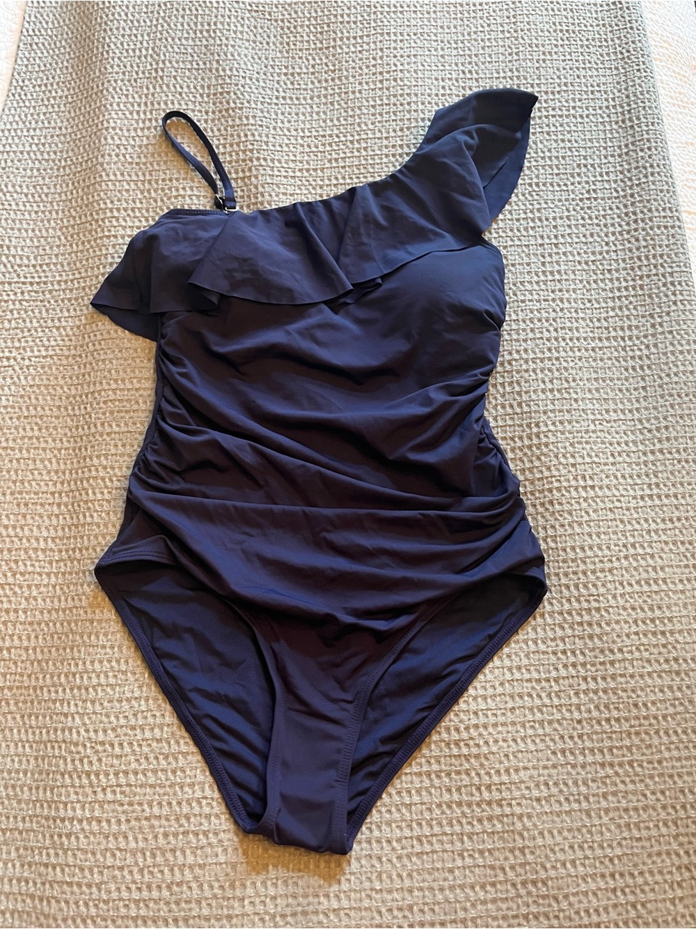 One-Shoulder Ruffle One-Piece Swimsuit - Navy - Picture 2 of 4